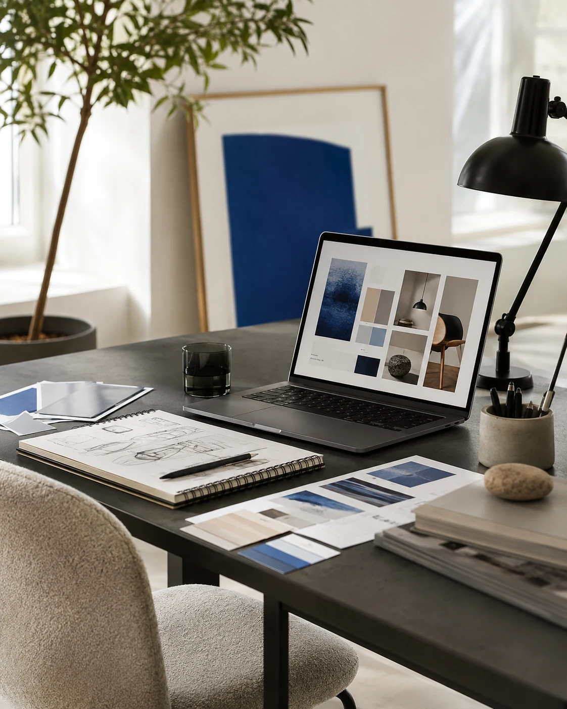 Creatieve werkplek met laptop, schetsen en grafisch ontwerp